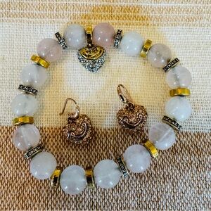 Elegant Gold and Pink Beaded Bracelet and Earring Set